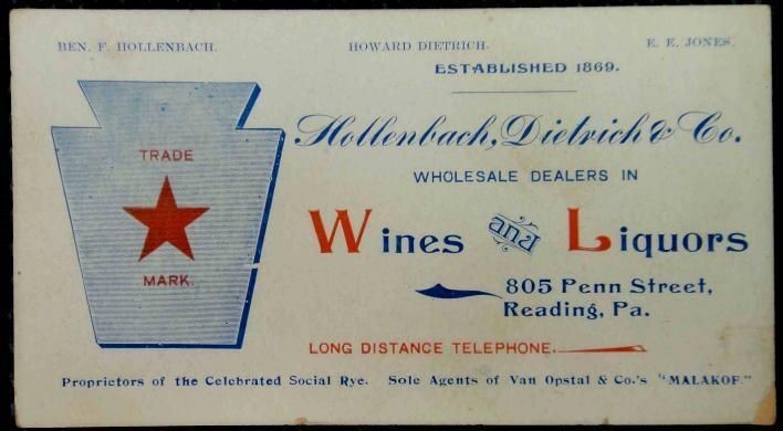 1900 antique HOLLENBACH DIETRICH WINES & LIQUORS reading pa dealers Ad Card