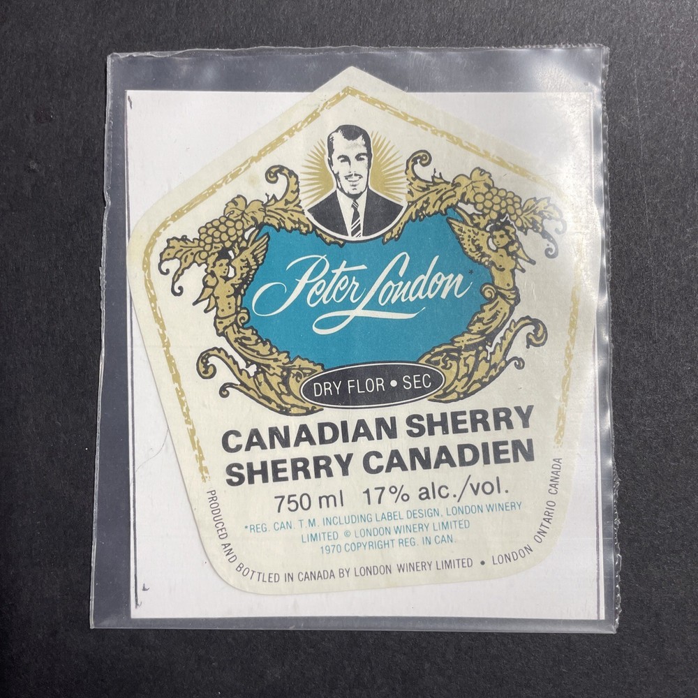 Vintage 1970 Peter London Canadian Sherry UNUSED Paper Label London ONT Q1979