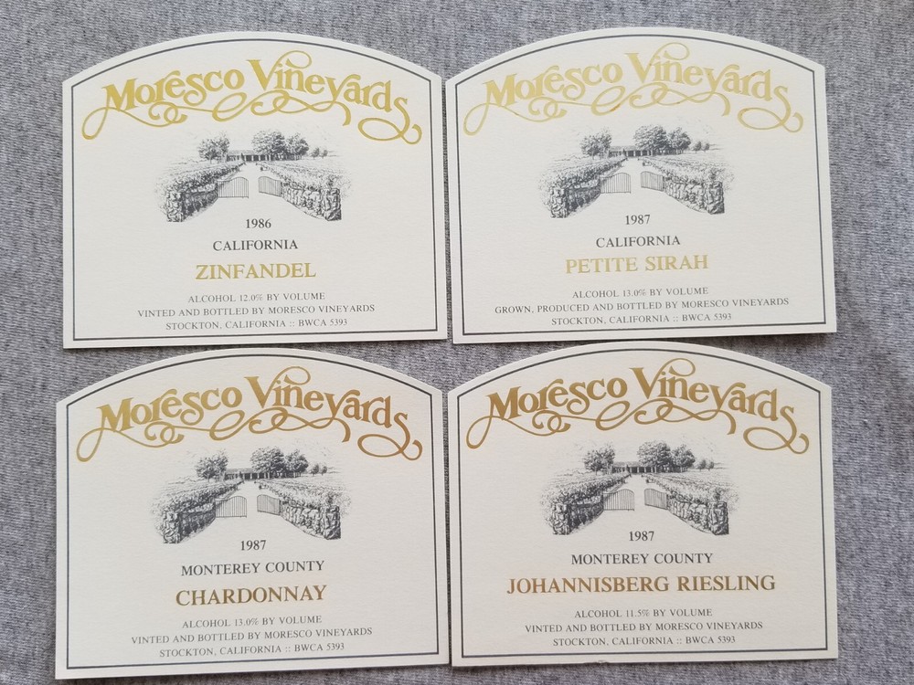 4 Vtg Moresco Vineyards CA Wine Bottle Labels Zinfandel Petite Sirah Chardonnay