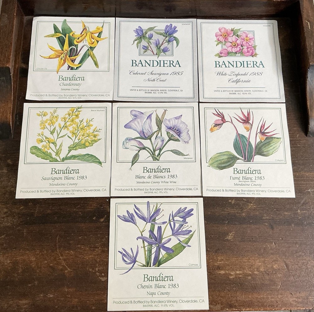 Vintage Bandiera Wine Labels Lot 7 NOS Floral Botanical Chardonnay Sauvignon