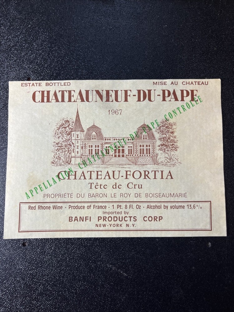 CHATEAUNEUF DU PAE French Vintage Wine FRANCE Bottle Label Ephemera 1967 Fortia