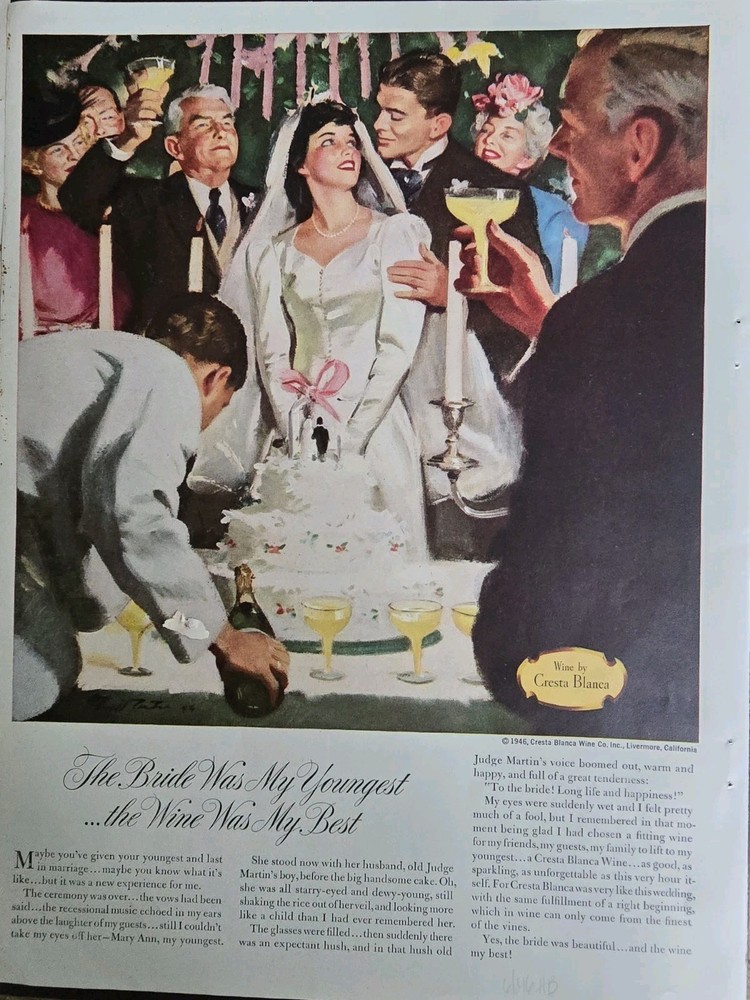 1946 Cresta Blanca Wines Bride Groom wedding cake Vintage ad
