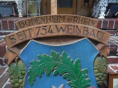 VINTAGE BODENHEIM A/RHEIN GERMANY, LARGE HEAVILY CARVED WOOD CITY SEAL SIGN.