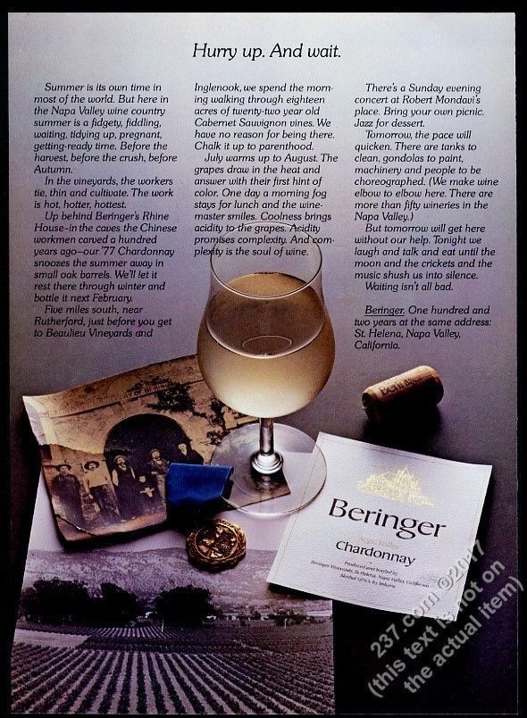 1978 Beringer Chardonnay wine photo vintage print ad