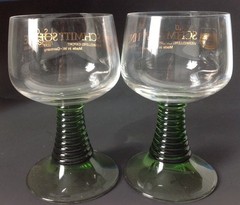 2 Vintage Schmitt Sohne Wine Goblet Cordial Glasses Clear Green Stem West German