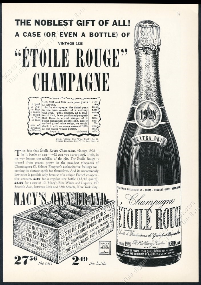 1937 Etoile Rouge Champagne 1928 bottle art vintage print ad