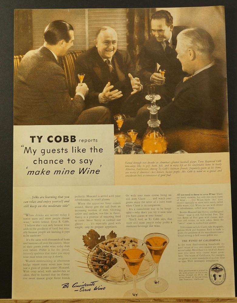 1940 Wines of California Wine Advisory Board TY COBB Baseball Player Photo ad