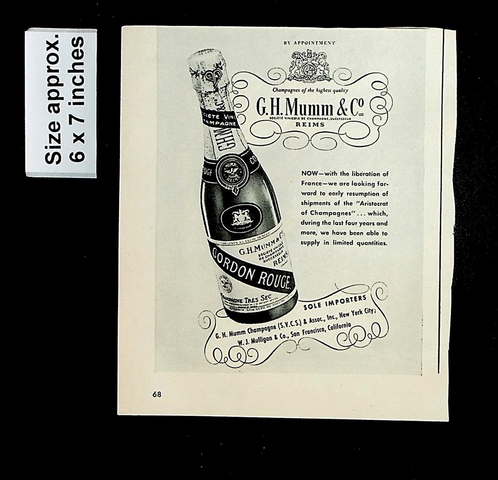 1944 Gordon Rouge G.H. Mumm & Co. Aristocrat of Champagne Vintage Print Ad 35132