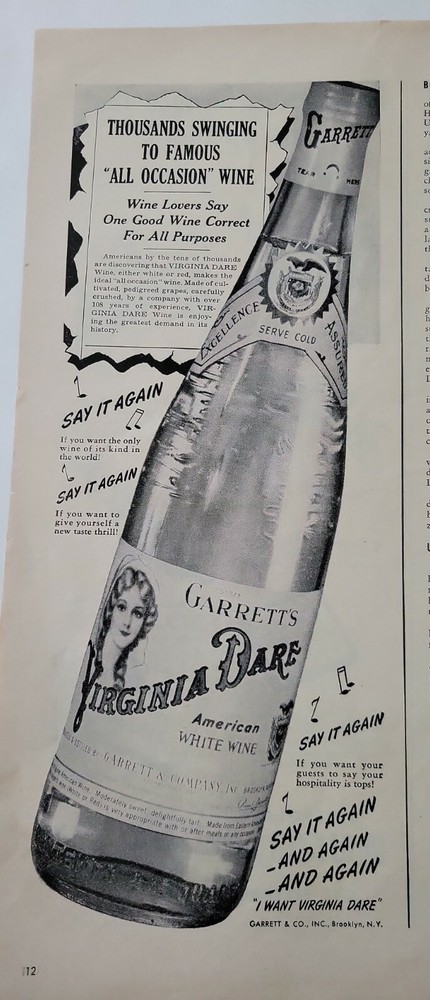 1943 Garrett&rsquo;s Virginia Dare American White wine vintage ad