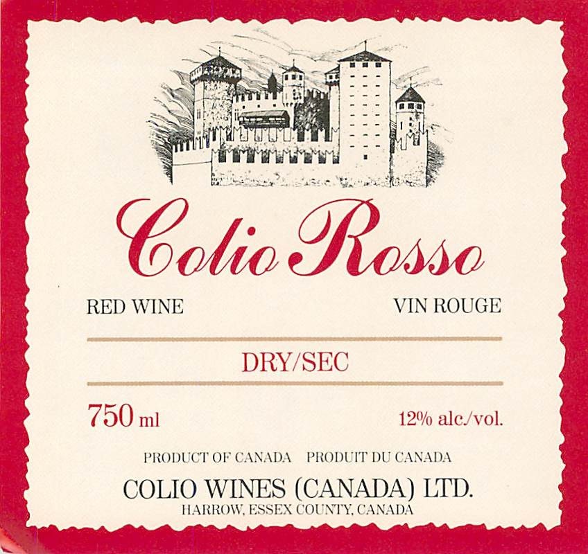 Colio Rosso Red Wine Dry Sec Harrow Essex Canada 1970s 1980s Vtg Wine Label