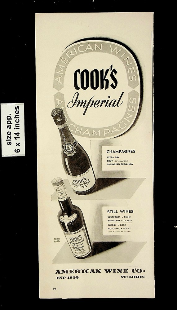 1941 American Wine Co Cook&rsquo;s Imperial Champagne Sherry Vintage Print Ad 22725