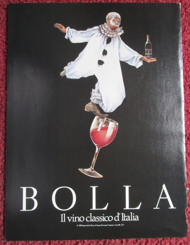 1989 BOLLA Classic Italian Wine Print Ad ~ Clown Balanced on a Wine Glass ART