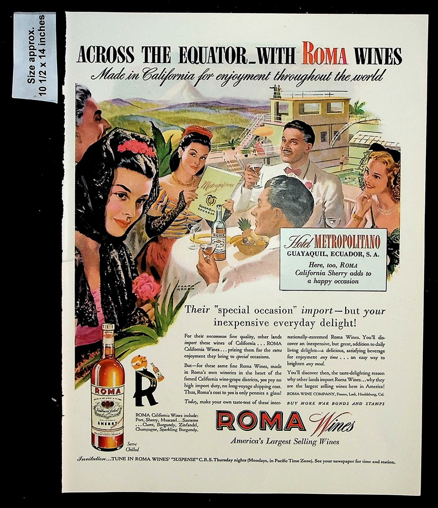 1944 Roma Wines California Sherry Across the Equator Vintage Print Ad 35311