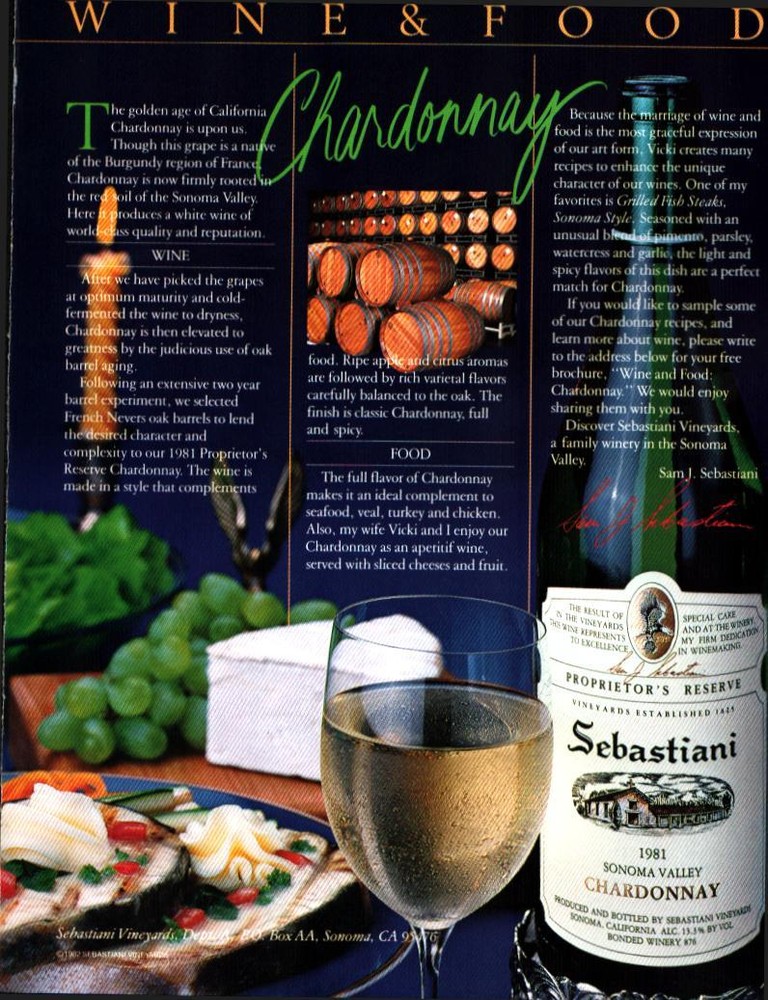 1983 Sebastiani Sonoma Valley California Wine Chardonnay Vintage Print Ad 863
