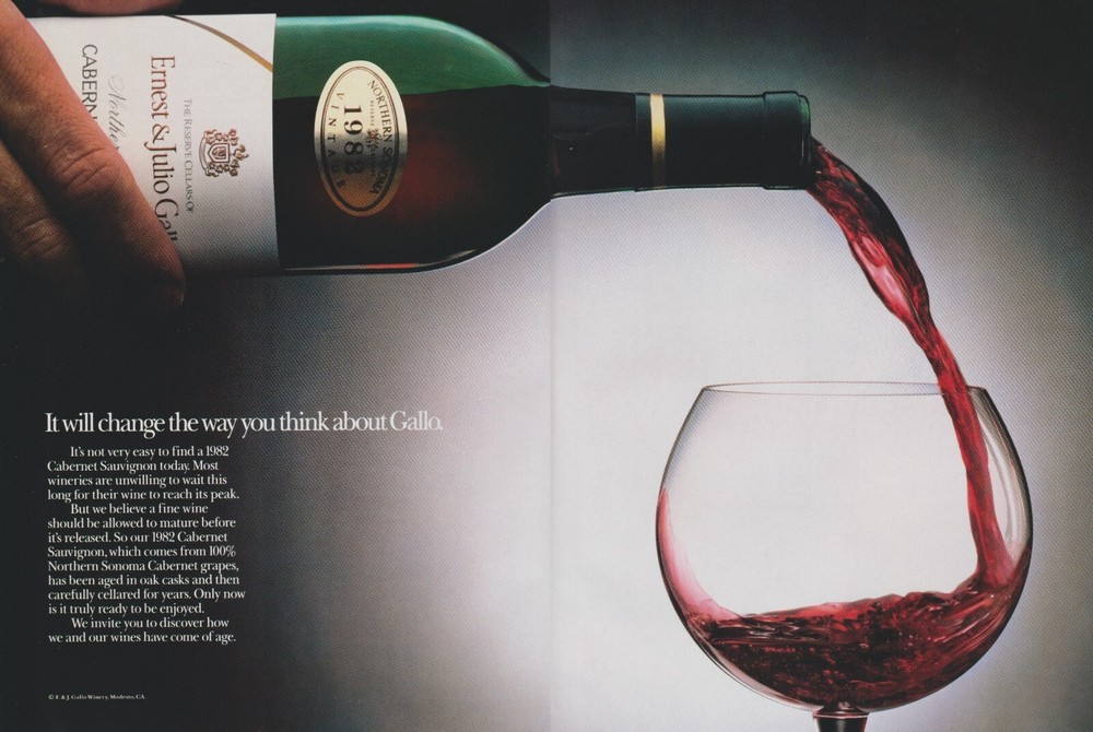 1989 Ernest & Julio Gallo Wine – Bottle Pour To Glass – 2 Page Print Ad Photo