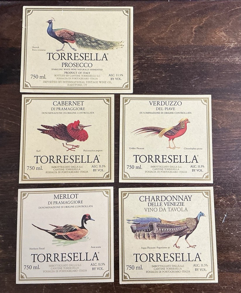 Vintage Torresella Italian Wine Labels Lot Bird Art Prosecco Chardonnay Merlot N