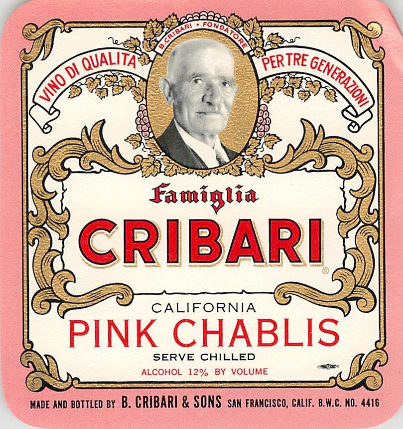 Famiglia Cribari Pink Chablis San Francisco CA 1970s 1980s Vtg Wine Label