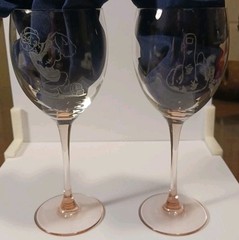 2 Rare-Popeye And Olive Oil Etched Wine Glasses With Pink Stems- Signed By Lamm