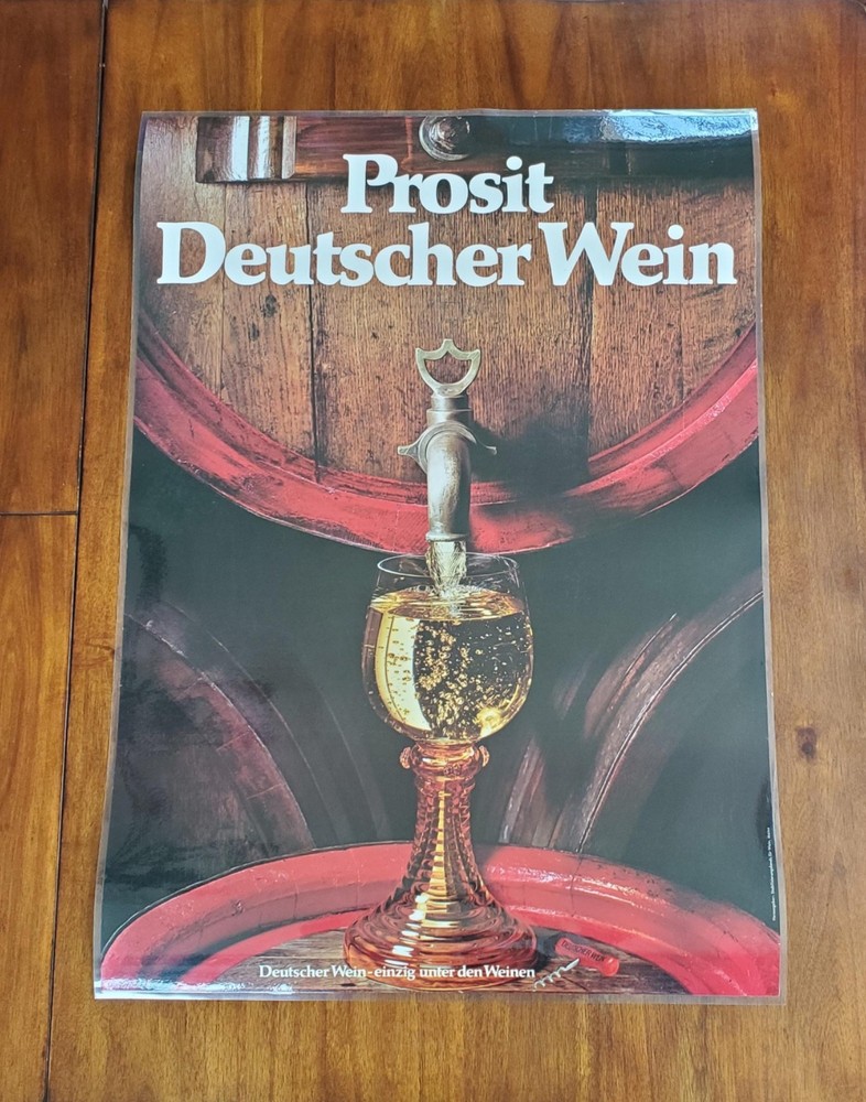 Vintage 80&rsquo;s German Reisling Wine Poster Laminated Prosit Deutscher Wein 34×24&Prime;