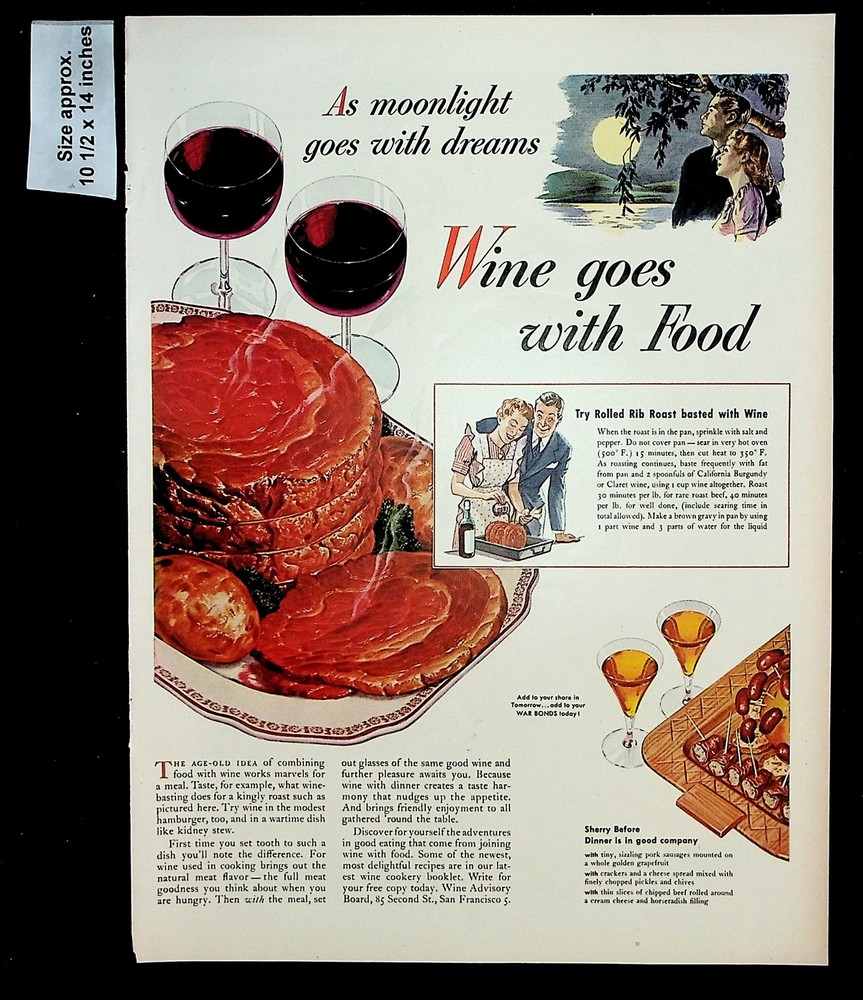 1944 Wine Advisory Board Rolled Rib Roast Recipe Moon Vintage Print Ad 35338