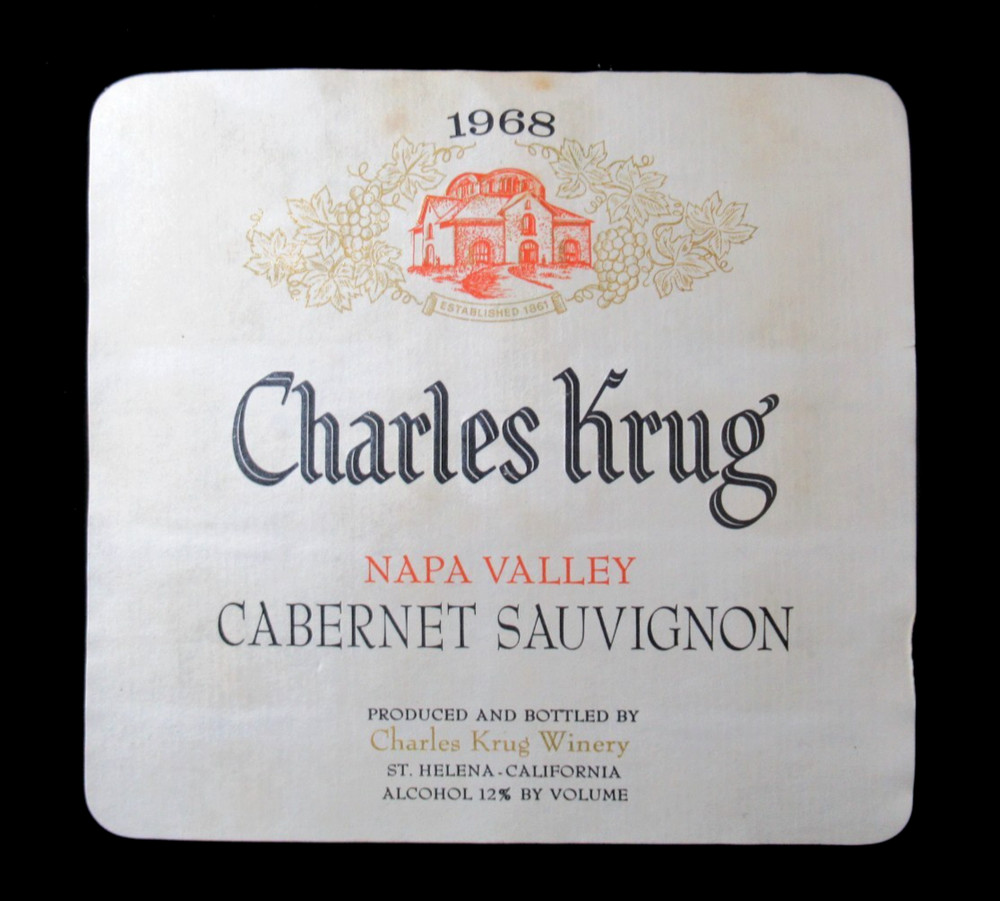 Original Vintage Wine Label 1968 Charles Krug Napa Valley Cabernet Sauvignon CA