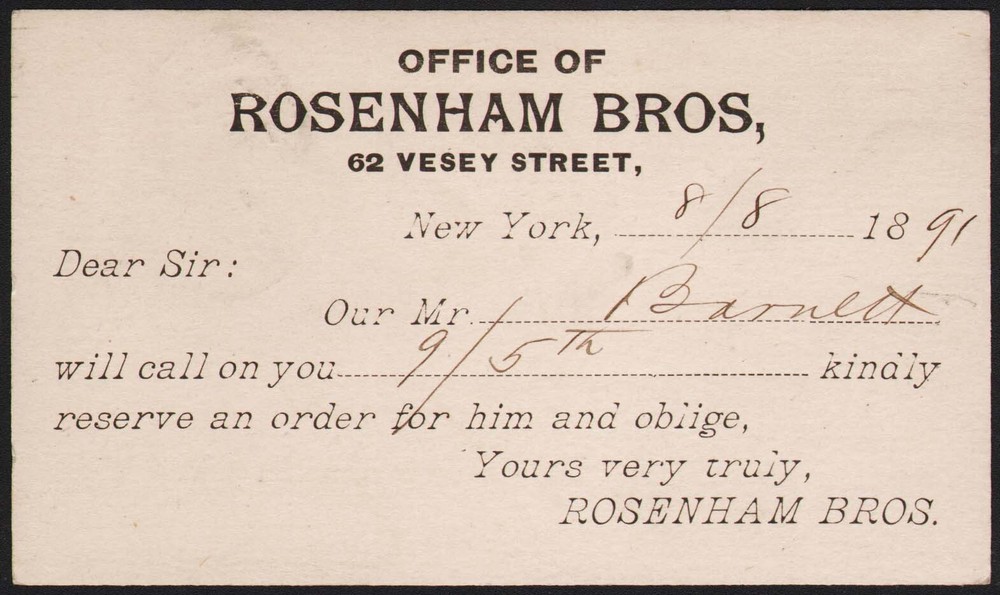 Vintage one cent postcard ROSENHAM BROS wine whiskey New York postmarked 1891