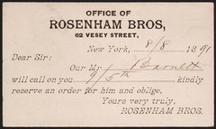 Vintage one cent postcard ROSENHAM BROS wine whiskey New York postmarked 1891