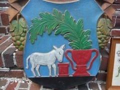 VINTAGE BODENHEIM A/RHEIN GERMANY, LARGE HEAVILY CARVED WOOD CITY SEAL SIGN.