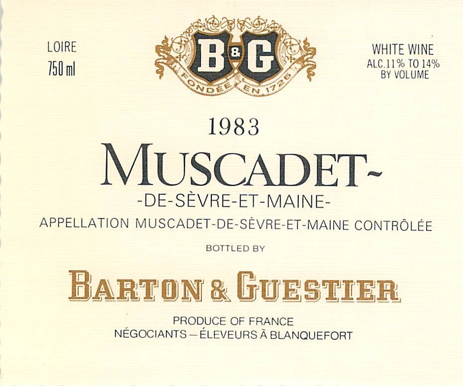 Barton & Guestier Muscadet France 1983 1980s Vintage Wine Label