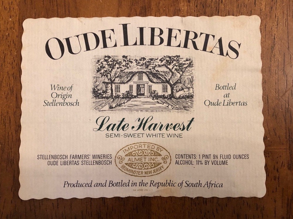 Oude Libertas Late Harvest White Wine Label Republic Of South Africa