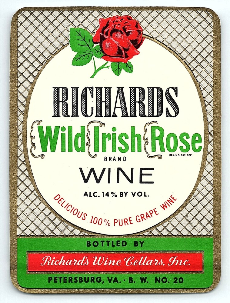 VINTAGE RICHARDS WILD IRISH ROSE BRAND WINE PETERSBURG VA UNUSED LABEL Z6999