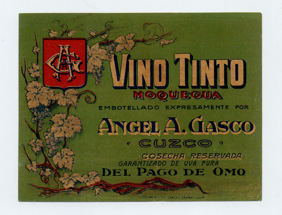 PERU MOQUEGUA VINO TINTO WINE OLD UNUSED LABEL ca. 1900
