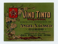 PERU MOQUEGUA VINO TINTO WINE OLD UNUSED LABEL ca. 1900