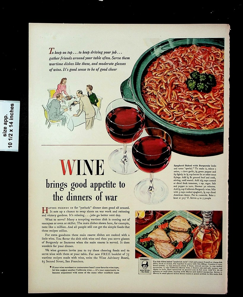 1943 Wine Advisory Board California Meal Good Appetite Vintage Print Ad 25146