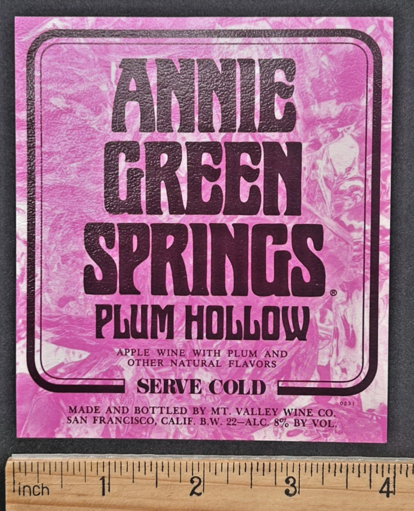 Annie Green Springs Plum Hollow Wine Label San Francisco California Unused
