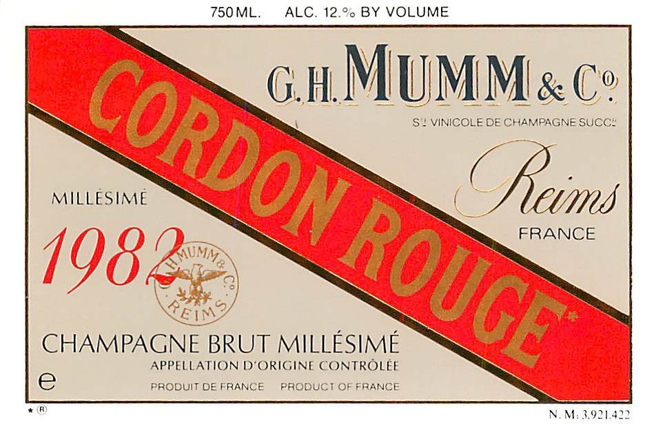 GH Mumm Cordon Rouge Champagne Brut Millesime France 1982 1980s Vtg Wine Label