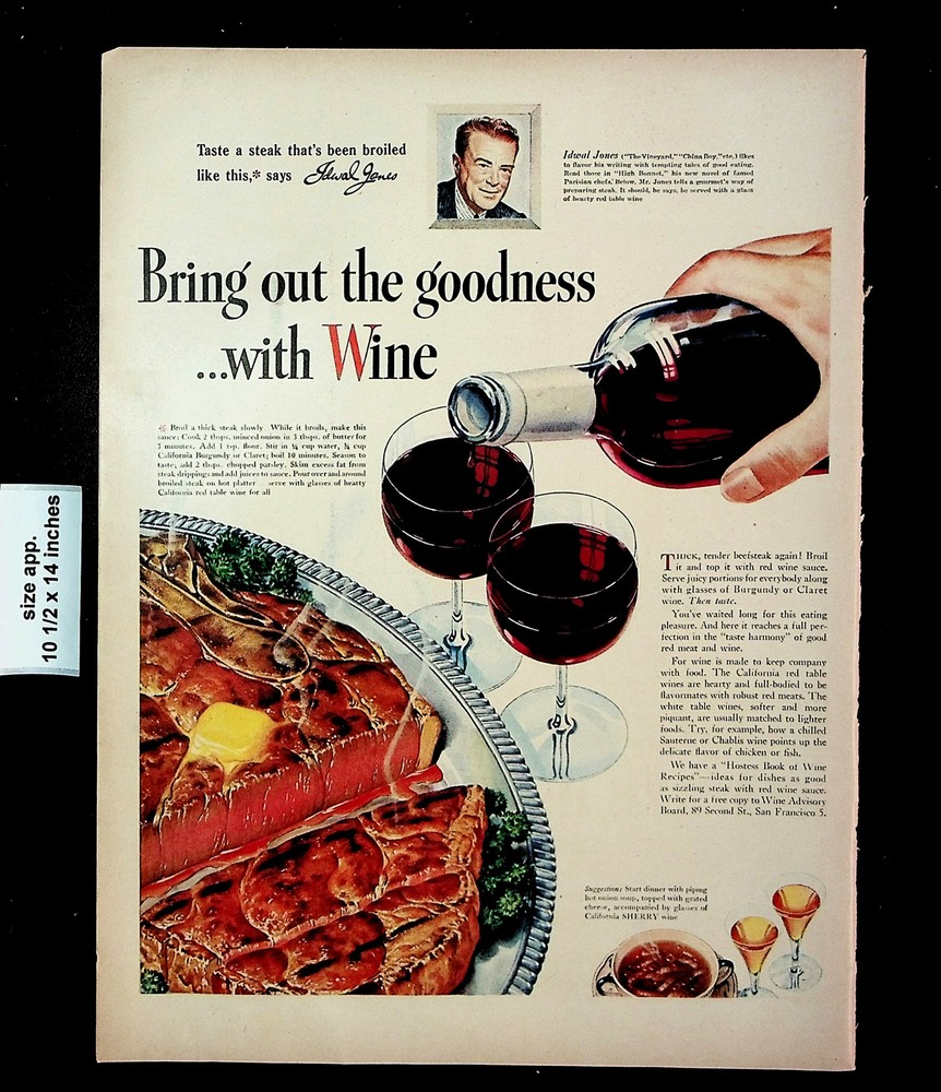 1946 Wine Advisory Board California Burgundy Claret Food Vintage Print Ad 25487