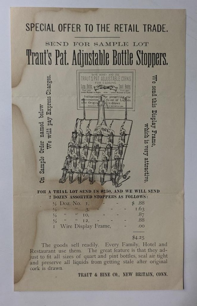 1890 ADVERTISEMENT HANDBILL, TRAUT s BOTTLE STOPPERS Traut & Hine NEW BRITAIN CT