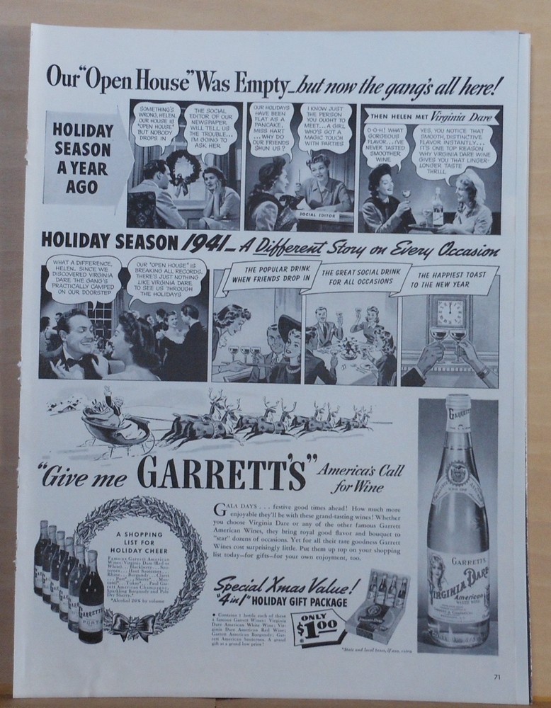 1941 magazine ad for Garrett&rsquo;s Wines – Virginia Dare, American Wines, Christmas