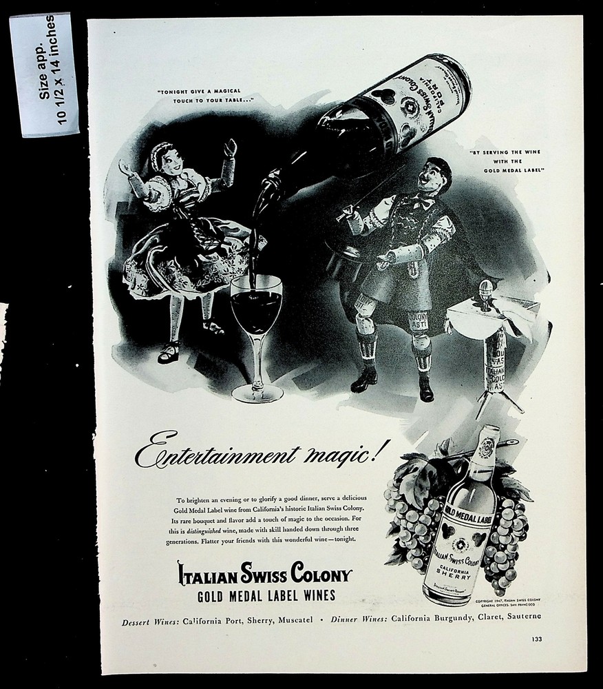1947 Italian Swiss Colony Gold Medal Label Wines Magic Vintage Print Ad 29398