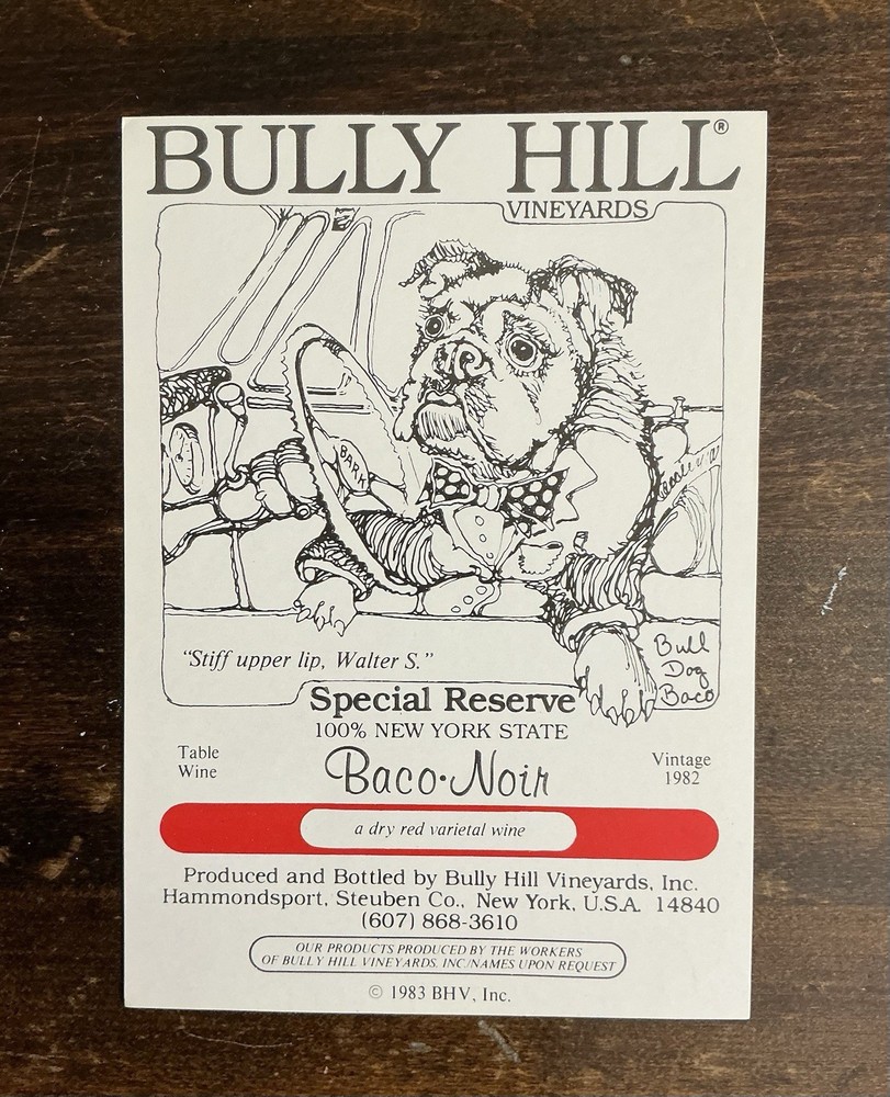 Vintage 1982 Bully Hill Baco Noir Bull Dog Wine Label Walter Taylor Dog Art