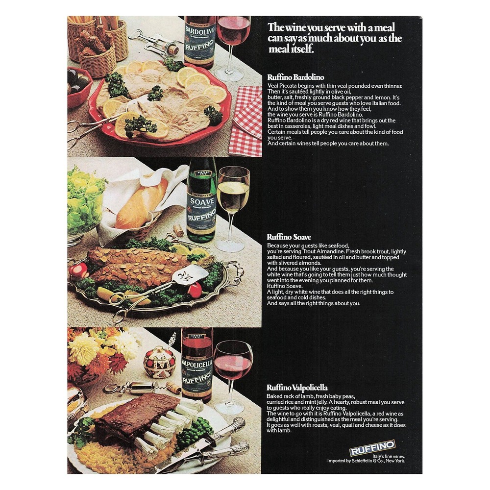 Ruffino Wine Bandolino Soave Valpolicella Vintage Magazine Print Ad 1974