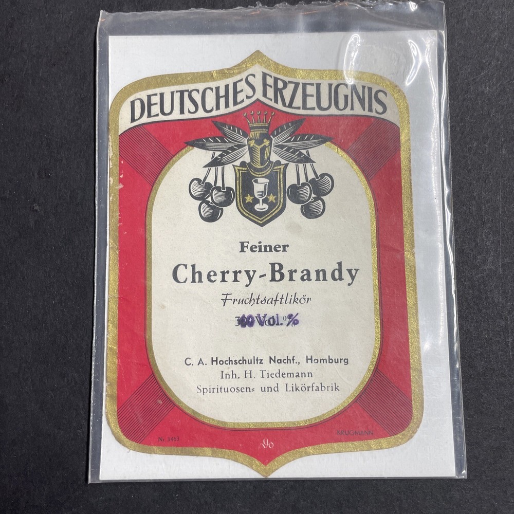 Vintage 1920s Deutsches Erzeugnis Cherry Brandy UNUSED Paper Label Hamburg Q1944