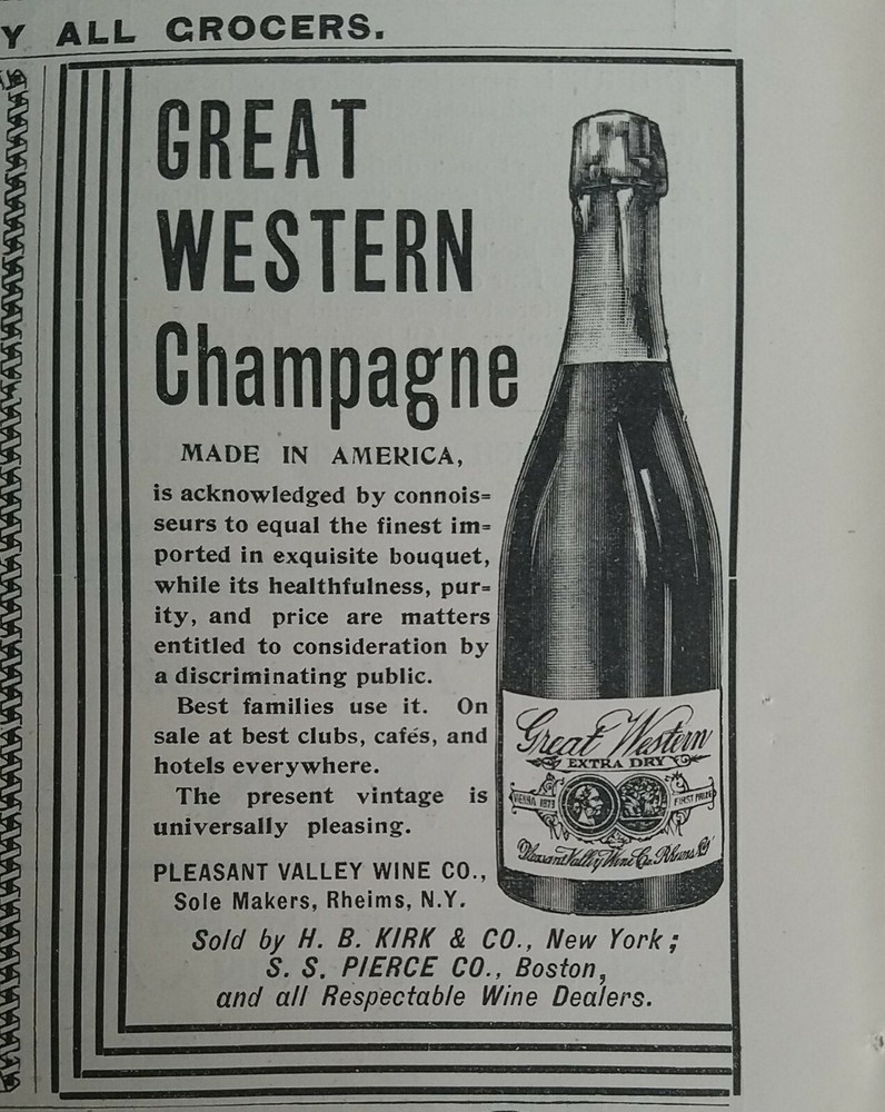 1899 Great Western brand champagne bottle Pleasant Valley Wine Co vintage ad