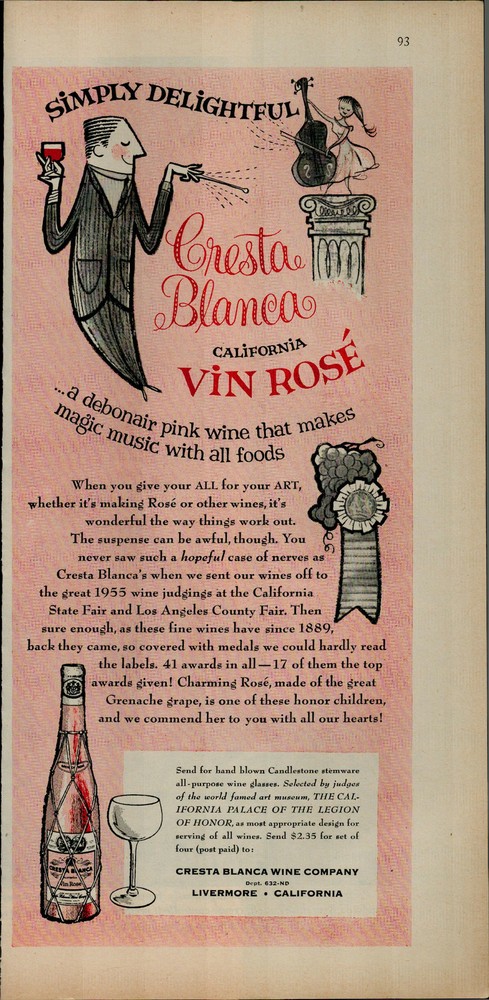 1956 Cresta Blanca California Vin Rose Girl Playing Violin Vintage Print Ad 3079