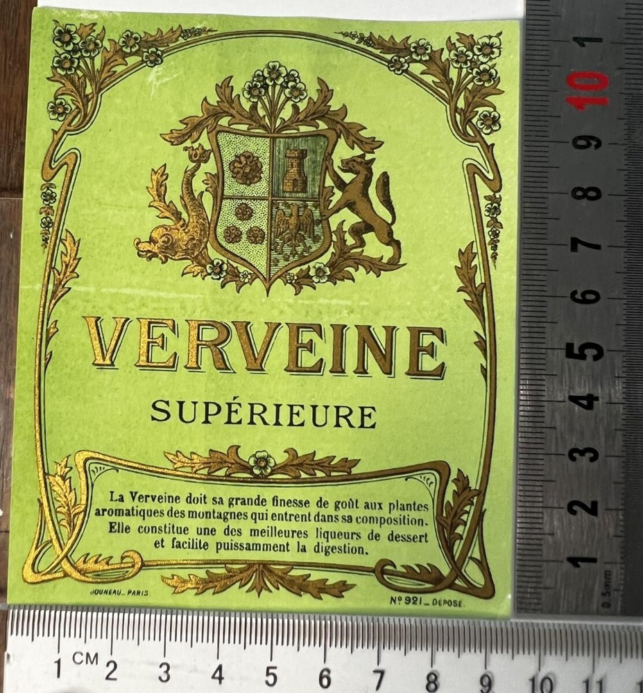 VERVEINE LIQUEUR c.1940 ? Original Vintage Old Alcohol France Gold Green LABEL