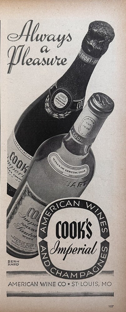 1943 Cooks Imperial American Wines & Champagne B&W Half Page Print Ad