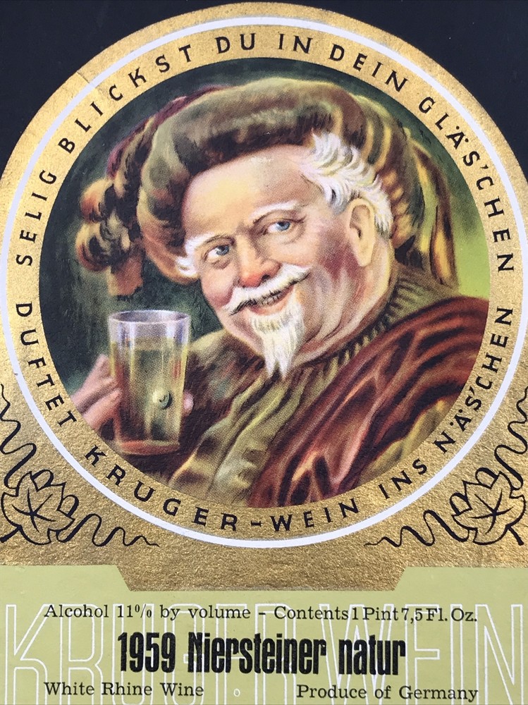 1959 Niersteiner Natur White Rhine Wine Label Kruger-Wein Germany Jolly Drinker