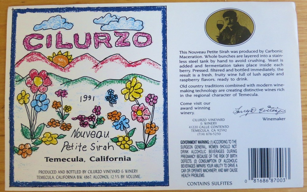 wine labels USA CILURZO Petite Sirah 1991 CILURZO Winery etiquette de vin