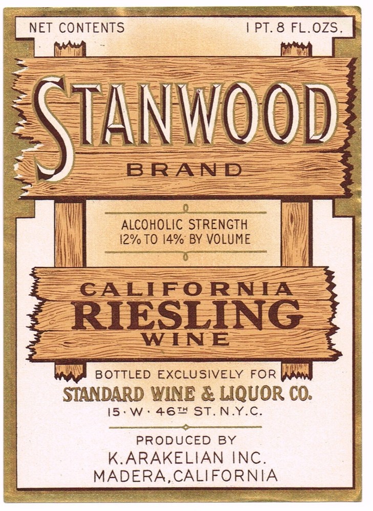 C1930S STANWOOD WINE BOTTLE LABEL MADERA CALIFORNIA GENUINE VINTAGE RIESLING